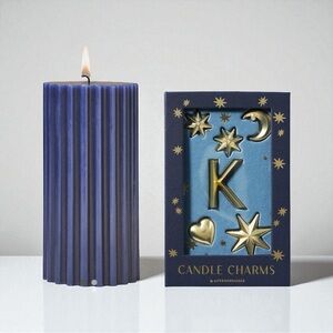 Anthropologie Blue Pillar Candle with Gold “K” Charm Set NWT Gift